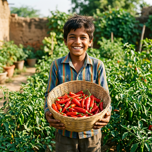 Arjun with his chili harvest